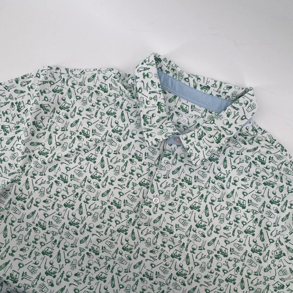 Southern Shirt Golf Polo Mens XL White‎ Green All Over Print Performance Stretch
